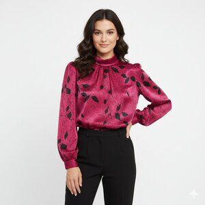 Vintage Joxell Leaf Print Mock Neck Long Sleeve Top‎ Maximalist Silky Romantic